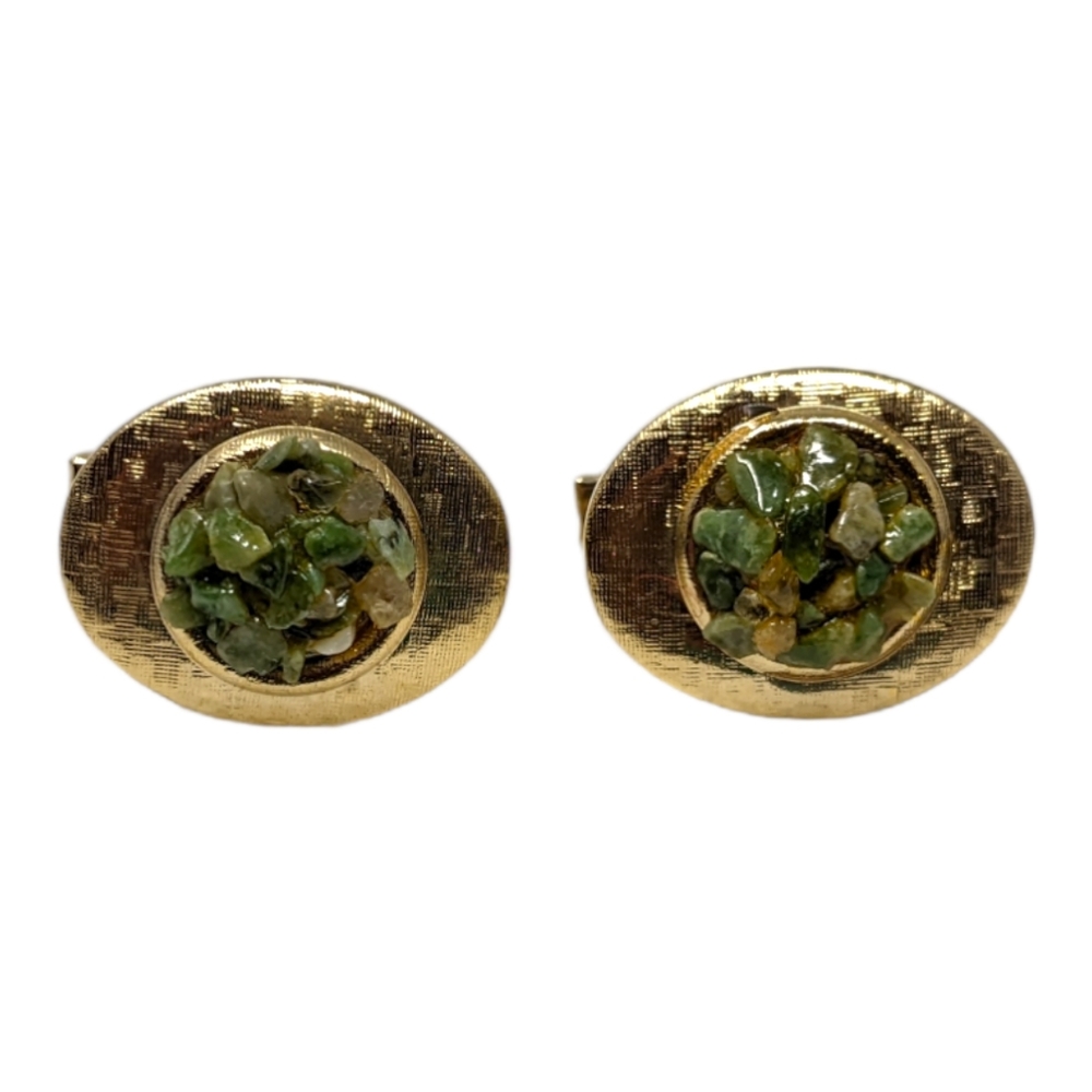 Cuff Links Gold Tone Textured Oval Shape Green Stones